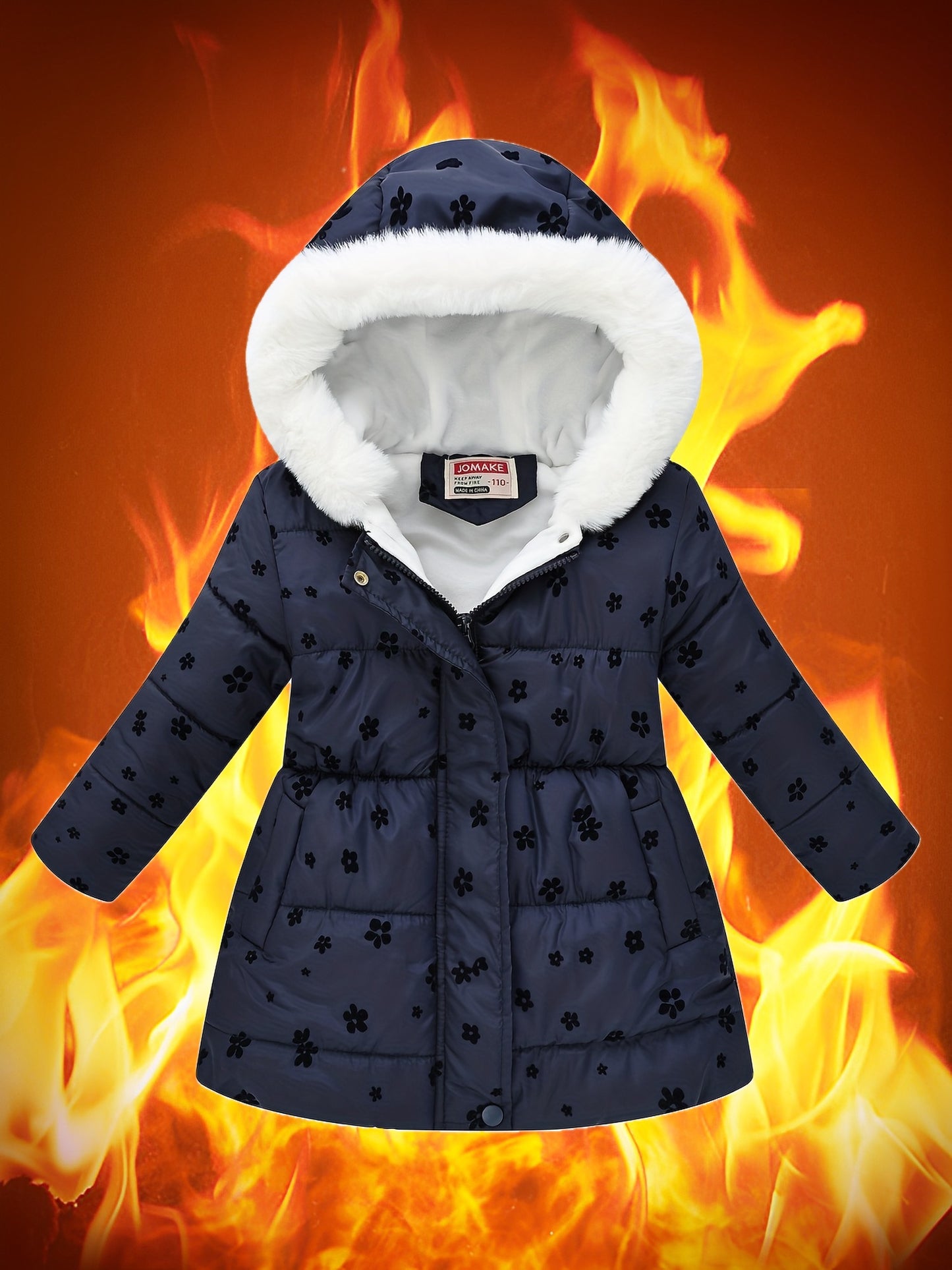Autumn-Winter New Arrival Girls' -Lined Floral Print Hooded Coat, Fashionable Long Waistcoat for Toddlers and Kids