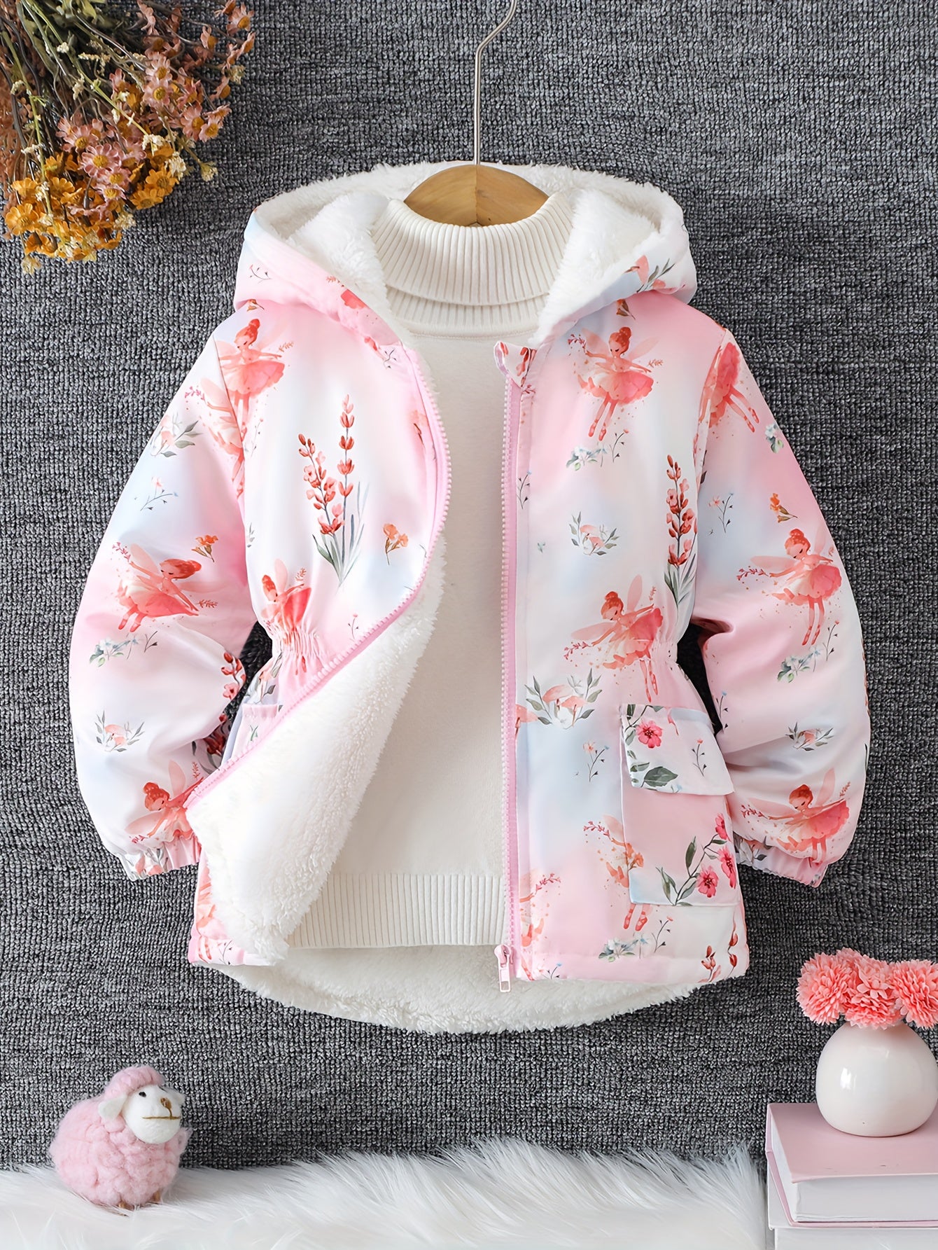 Girls' Soft Fleece-Lined Hooded Zip-Up Jacket with Pockets - Cozy Long Sleeve Winter Coat, Floral Print, Drop Shoulder Design, X-Line Silhouette, Polyester, Perfect For Fall & Winter, Winter Jacket, Cozy Winter Wear, Stylish