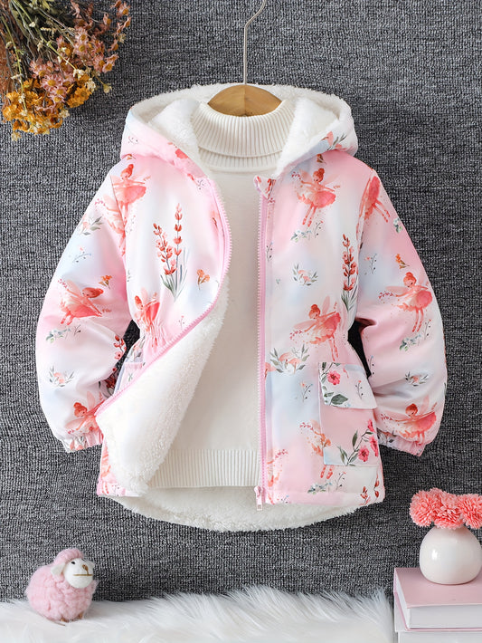 Girls' Soft Fleece-Lined Hooded Zip-Up Jacket with Pockets - Cozy Long Sleeve Winter Coat, Floral Print, Drop Shoulder Design, X-Line Silhouette, Polyester, Perfect For Fall & Winter, Winter Jacket, Cozy Winter Wear, Stylish