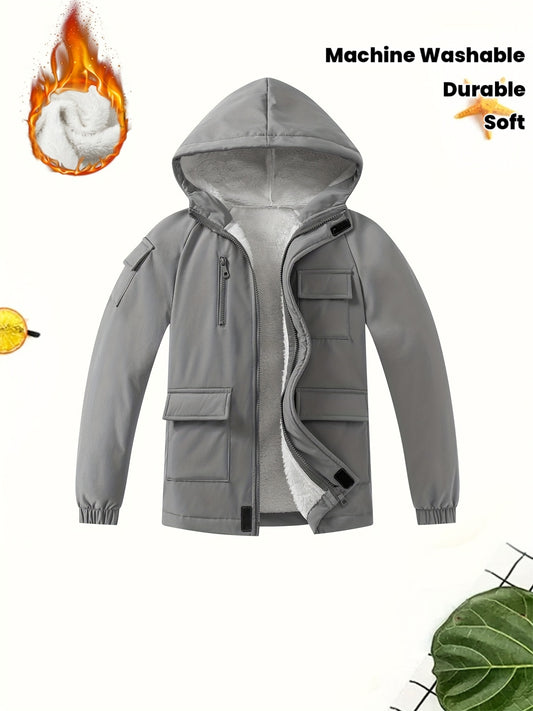 Boys' Hooded Jacket Winter Coat with Full-Zip Closure & Detachable Hood - Soft Warm Outer, Machine Washable Jacket for 3+ Years, School, Skiing, Outdoor Activities (Grey/Pink) - Durable