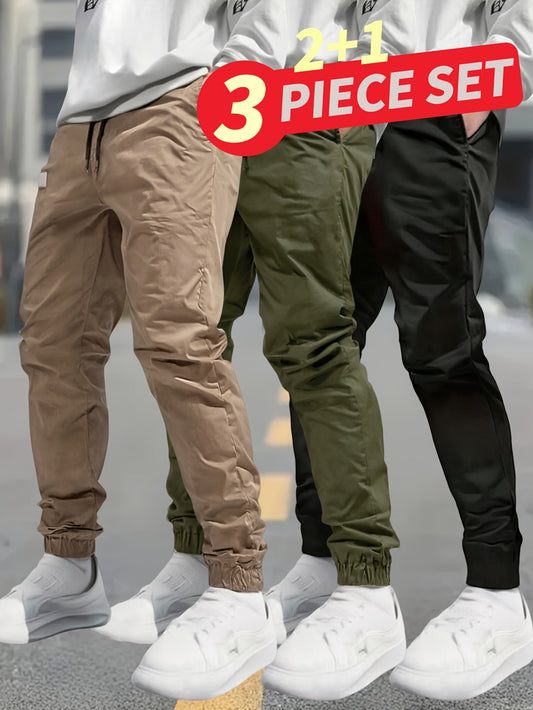 3pcs Men's Autumn And Winter Loose-Fit Long Cargo Pants with Waist Drawstring And Multiple Pockets, Suitable for Outdoor Work In All Seasons, Solid Color Casual Pants for Outdoor Activities, Thanksgiving, Christmas, And Holid