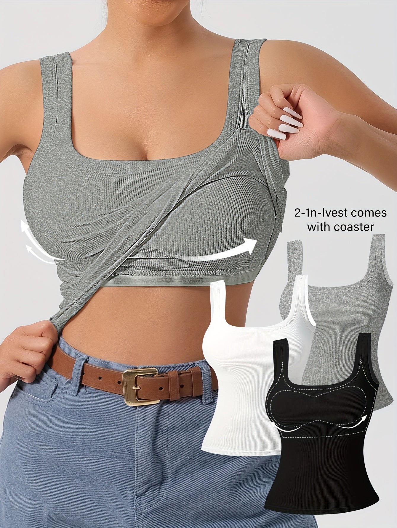 Women's 3Pcs U-Back Tank Tops With Removable Pads, Slim Fit Solid Color Versatile Inner & Outerwear Camisole Vest Set Casual Style