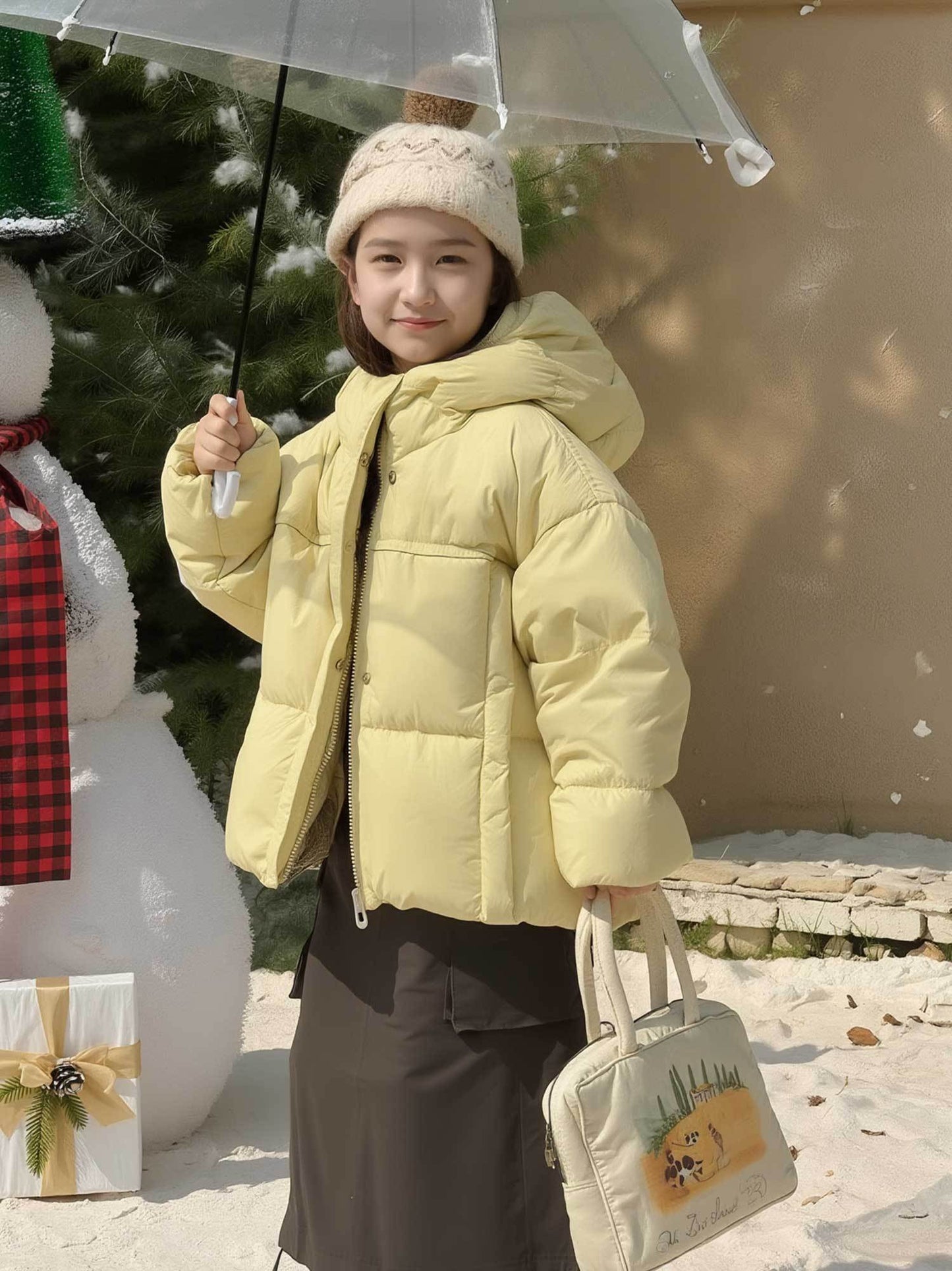 Cute And Versatile Winter Outfit for Young Girls, Featuring a Light Pink Fluffy Jacket with a Hood And a Soft Texture, Plus a Warm And Thick Coat, Perfect for The Autumn And Winter Seasons.