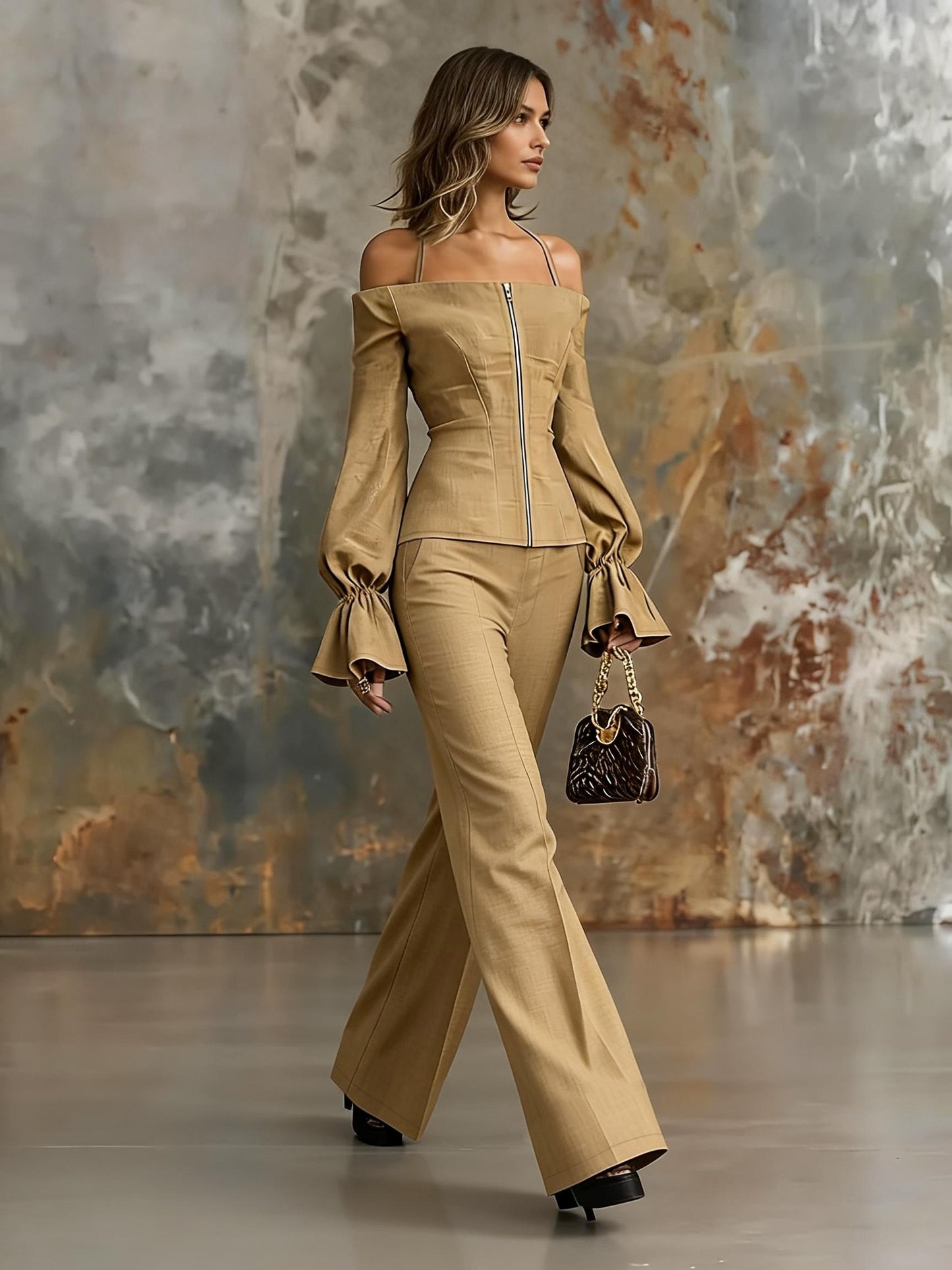 [Women's Khaki Pants Set] Urban Elegance Off-the-Shoulder Tie-Neck Lantern Sleeve Long Sleeve Zipper Front Top and Fashionable Casual Wide-Leg Long Pants Women's Khaki Pants Set