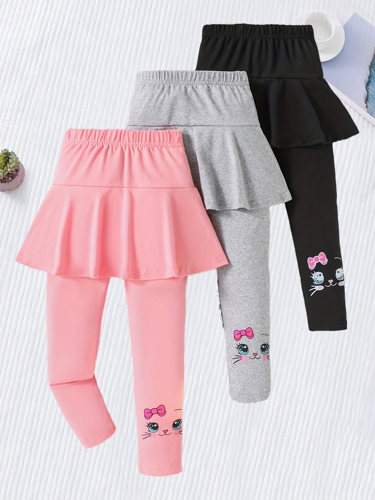 Casual Dress Pants with a Cat Pattern for Young Girls in Spring And Autumn (Set of 3), a Gift for My Daughter.