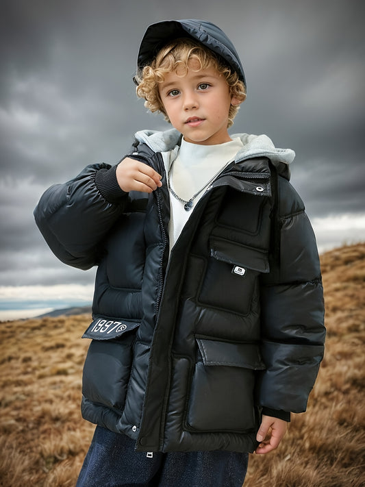 Boys' 1997 Vintage-Inspired Hooded Winter Coat - Thick Fleece-Lined Padded Jacket with 1997 Numbered Tag Pocket, Durable Polyester Outerwear for Cold Weather, Casual & Play (Regular Fit, Hand Washable) - ' Warm Jacket, Boys W