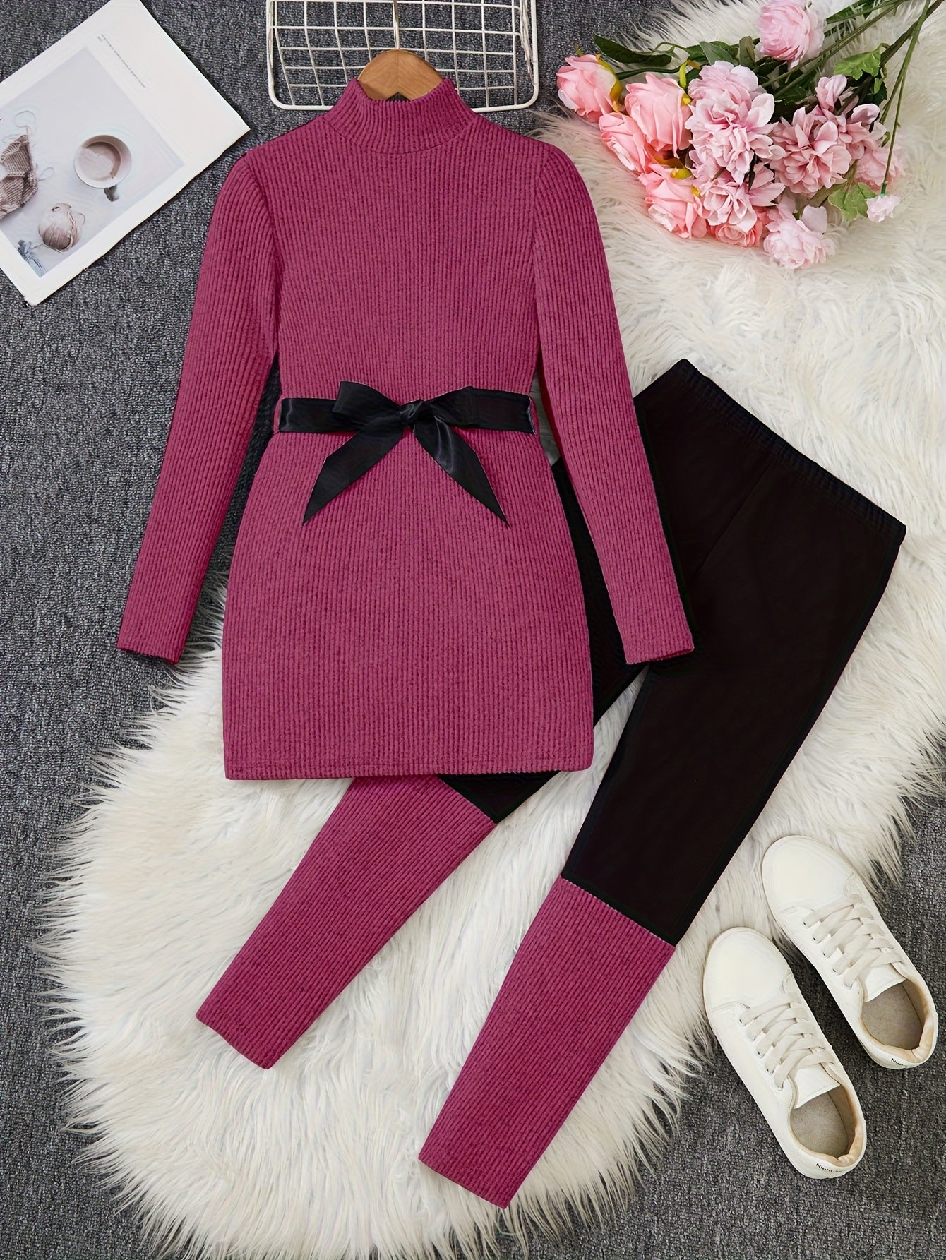 [Perfect for fall winter wear] 2pcs Girls' Autumn/Winter Set: High-Neck Long Sweater Dress with Contrast Patchwork Leggings - Fashion Casual Minimalist Style for Daily Outdoors, School Gathering, Back-to-School Season Fall Wi