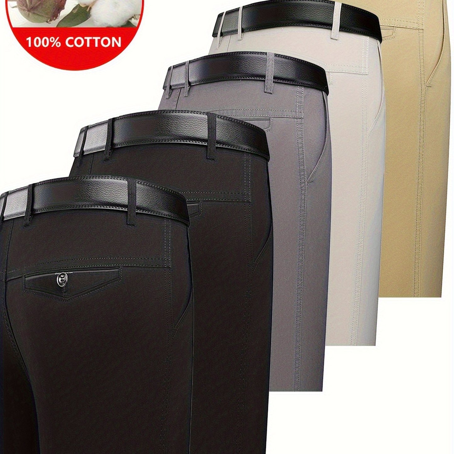 5pcs 100% Cotton Business Casual Pants - High-Waisted Breathable Trousers with Belly, Straight-Leg Cut & Button Closure, Soft Comfortable Pants Suitable for Workplace Commuting & Daily Wear, Spring/Autumn Wardrobe Essential
