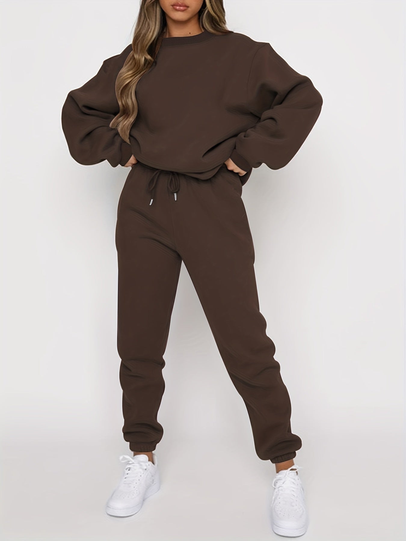 Women's Autumn And Winter Simple Solid Color Loose Pullover Sweatshirt + Solid Color Elastic Waist Pants Casual, Fashionable, Temperamental, Commuting, Versatile Two-Piece Set