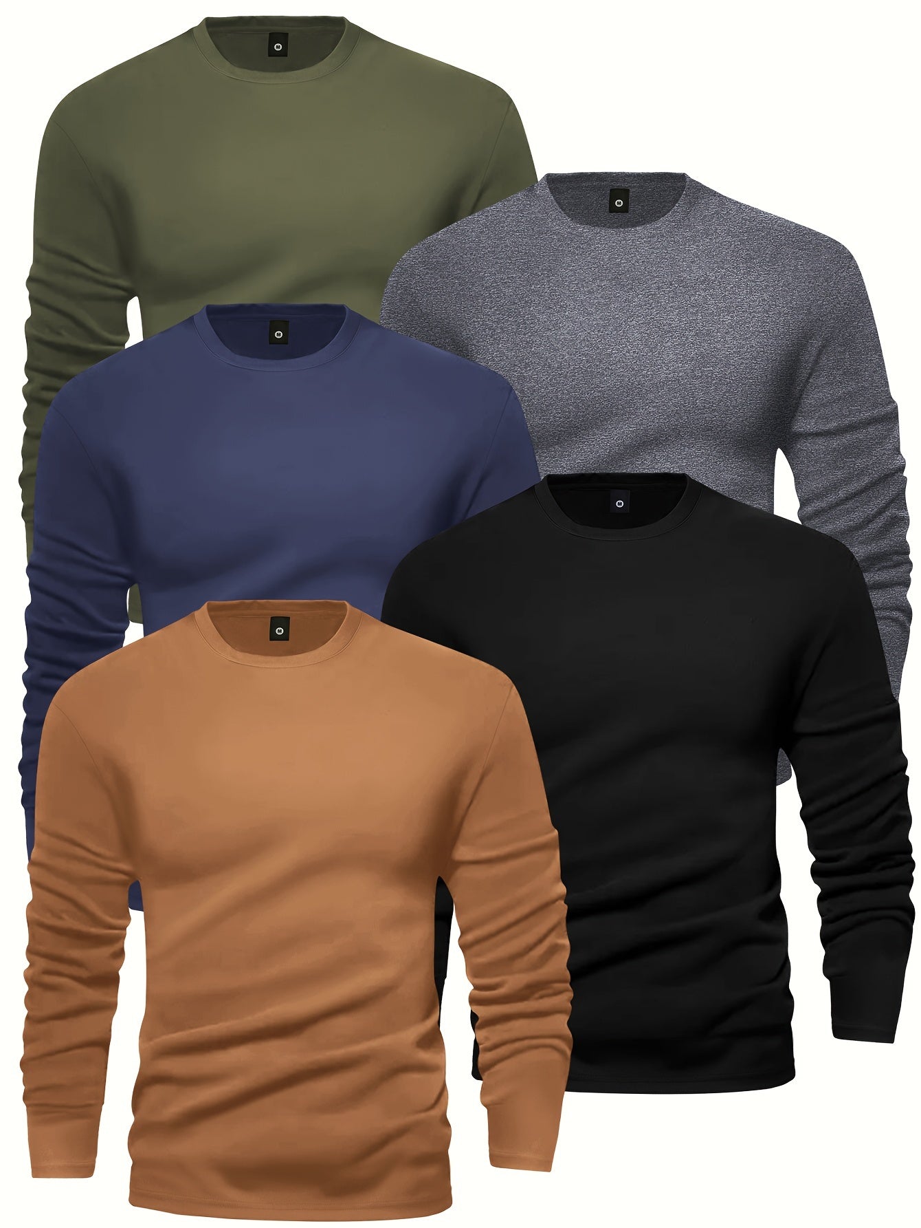 [5pcs Men's T-Shirts] 5pcs Men's Long Sleeve Round Neck T-Shirts - Solid Color Base Layer Layering Shirts, Casual & Athletic Wear, Durable Machine-Washable Tops for Jogging, Gym, Everyday Use - Bulk Pack Value (5)
