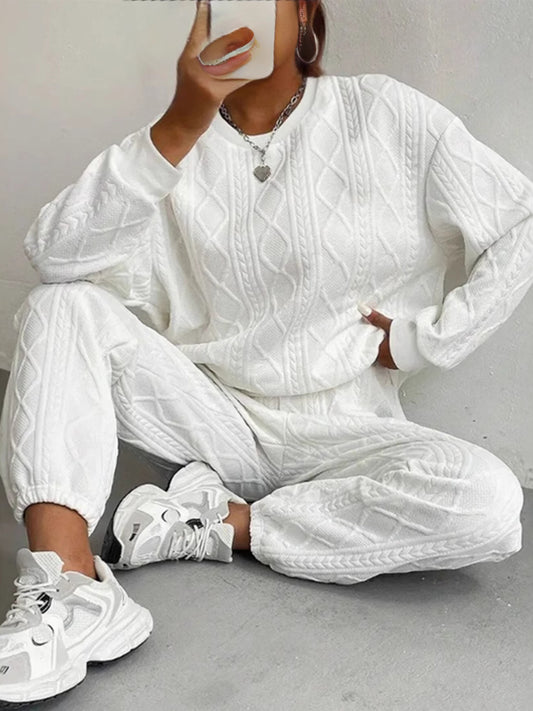 Women'S 2025 Fall Winter Ribbed Jacquard Two-Piece Set - Oversized Long Pants & Oversized Sweater Coat-Like Top, Soft Pink Solid Color Casual Elegant Outfit, Cozy Sweater Pants for Casual Attire, Versatile Winter Pantsuit, Wa