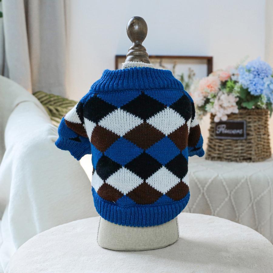Dog Knitted Sweater Vintage Rhombus Pattern Ribbed Fall Winter Warm Clothes for Small Dog and Cat