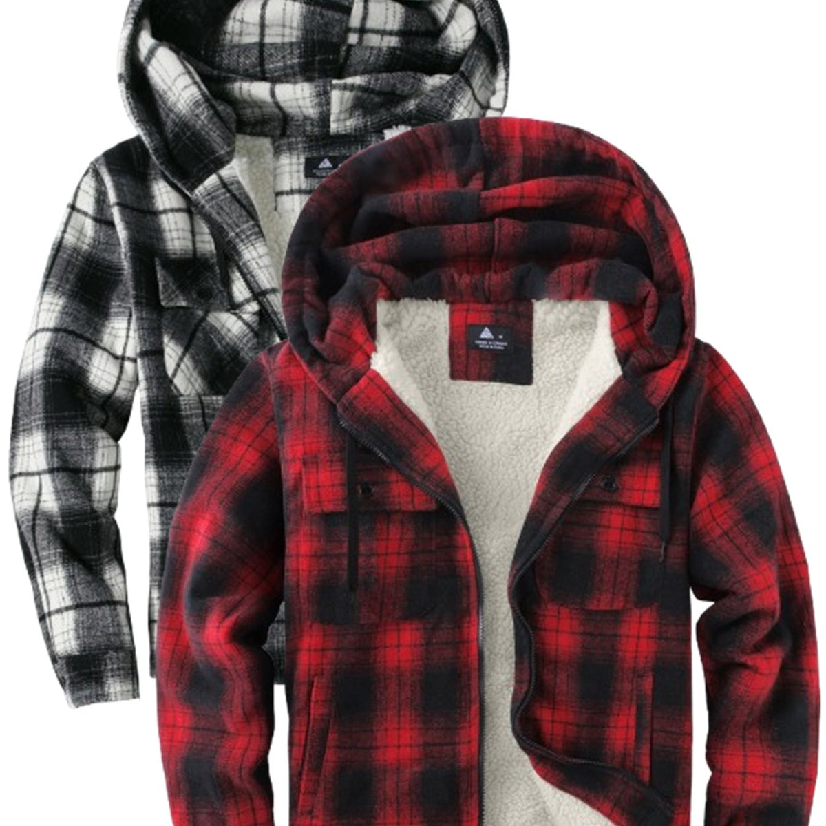 2pcs Men's Heavy Duty Sweater Hooded Jacket - Fully Zipped Thick Snow Mountain Lined Flannel Plaid Shirt with Pockets, Casual Style, Perfect for Fall And Winter, Hooded Collar, Regular Fit, Plaid Pattern, Men's Jacket, Cold W