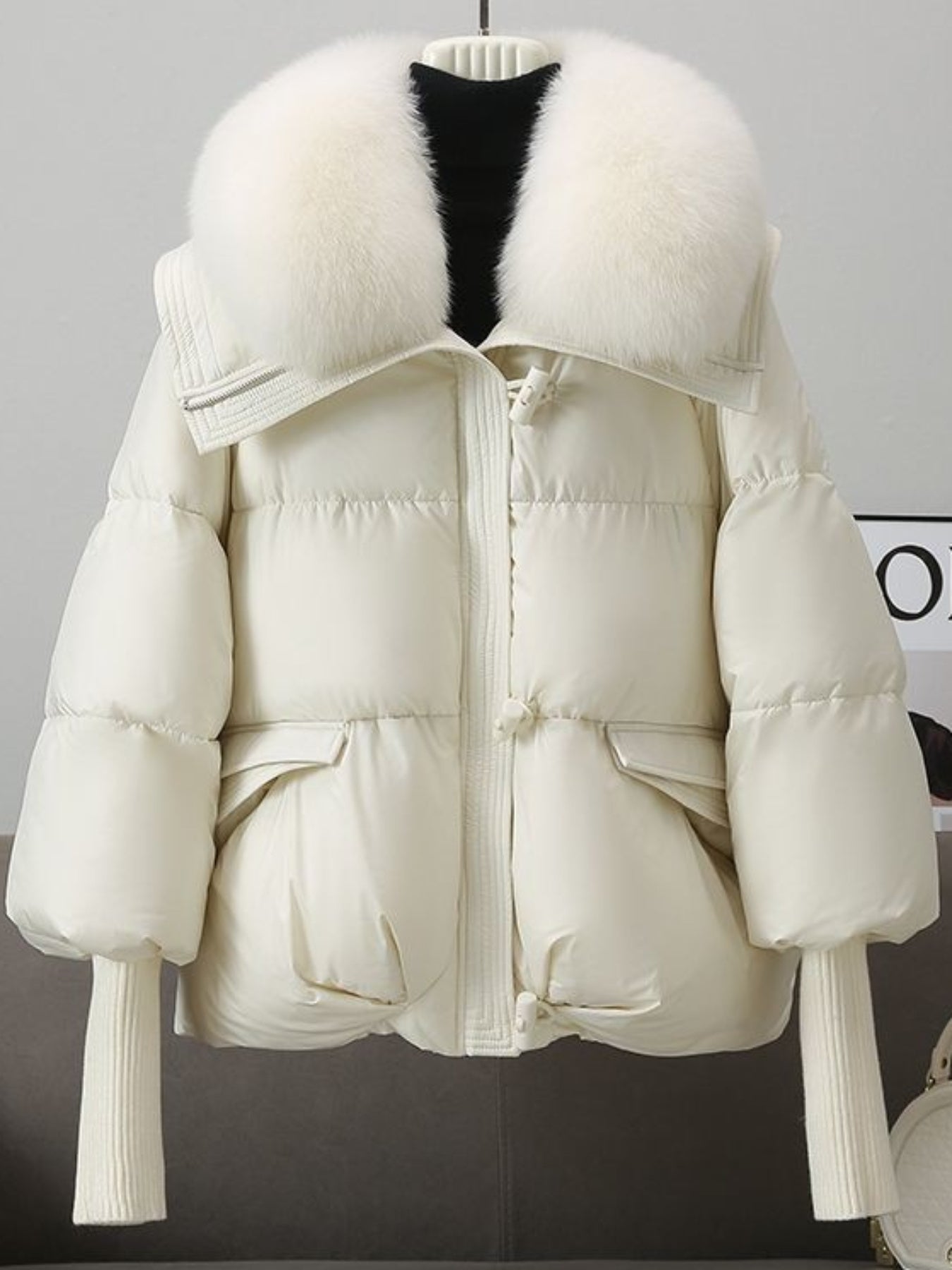 Women's Elegant Faux Fur Hooded Jacket with Thickened Fleece Lining - Windproof Winter Coat, Full-Zip Insulated Outerwear, Slim-Fit Warm Jacket with Pockets for Casual & Formal (White/Light Grey) - Cozy Fall & Winter Jacket