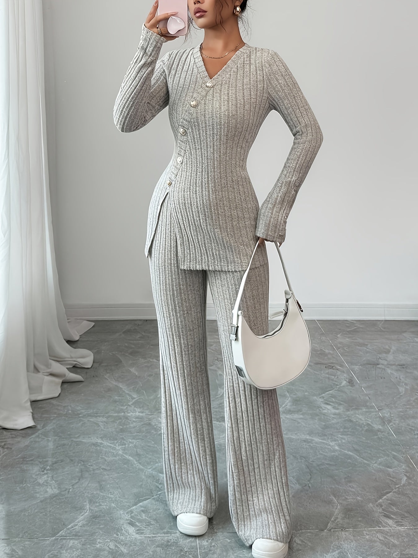 European and American Women's V-Neck Long Sleeve Button Decor Top and Pants Two-Piece Set for Autumn and Winter