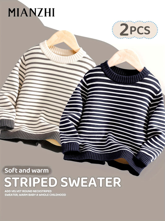 2pcs Boys' Striped Sweaters - Soft Warm Winter Pullover Sweaters with Round Neck, Navy & Horizontal Stripes, Medium Stretch Fabric for School, Playdates
