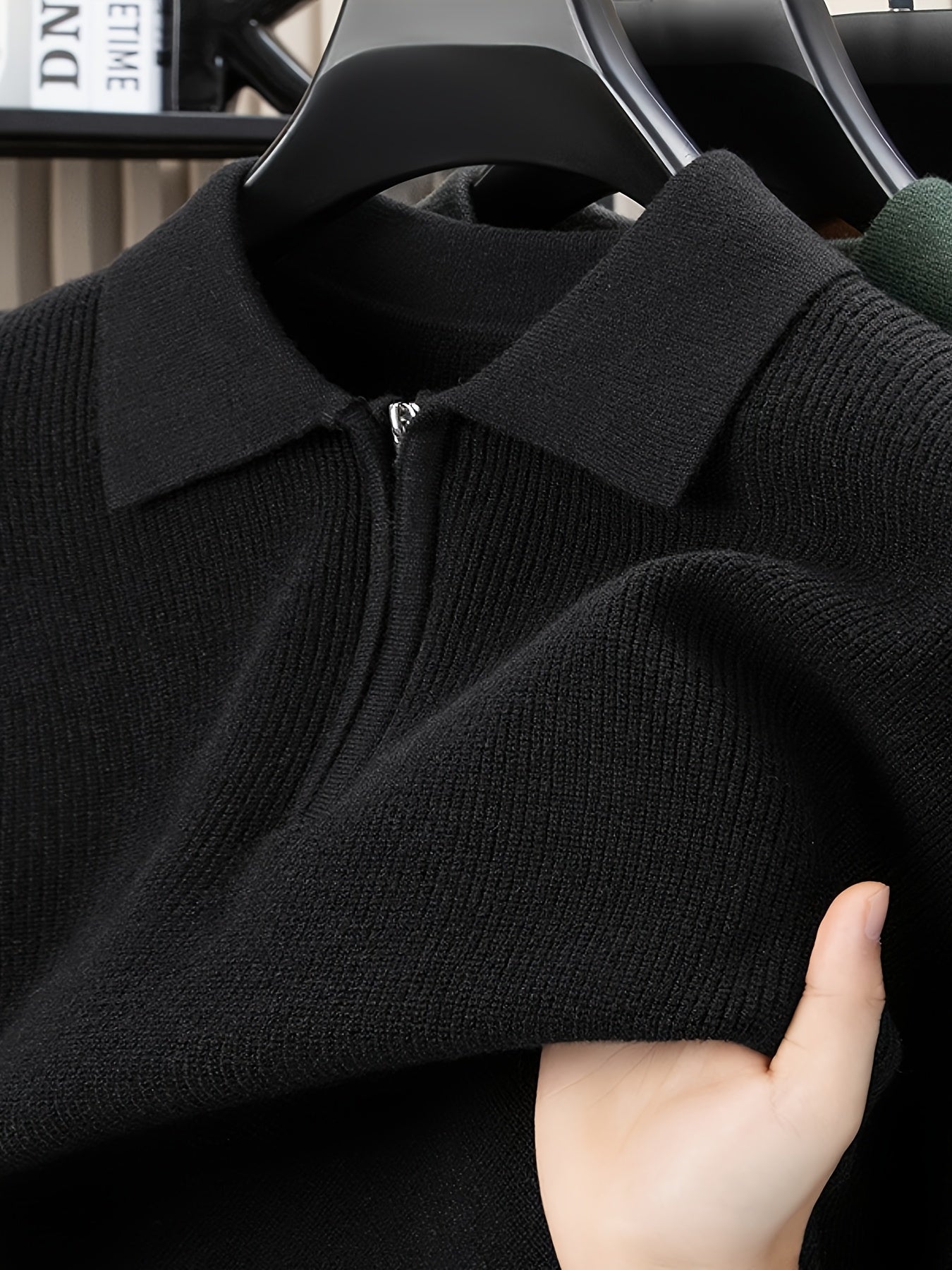 Men'S Heavyweight Thick Sweater - Slim-Fit Long Sleeve Winter Warmth, Square Neck & Drop Shoulder Design, Solid Brown/Red Elegant Knitwear, Durable Half-Zip Front Closure, Casual & Formal Office Wear, High-Stretch Fabric for