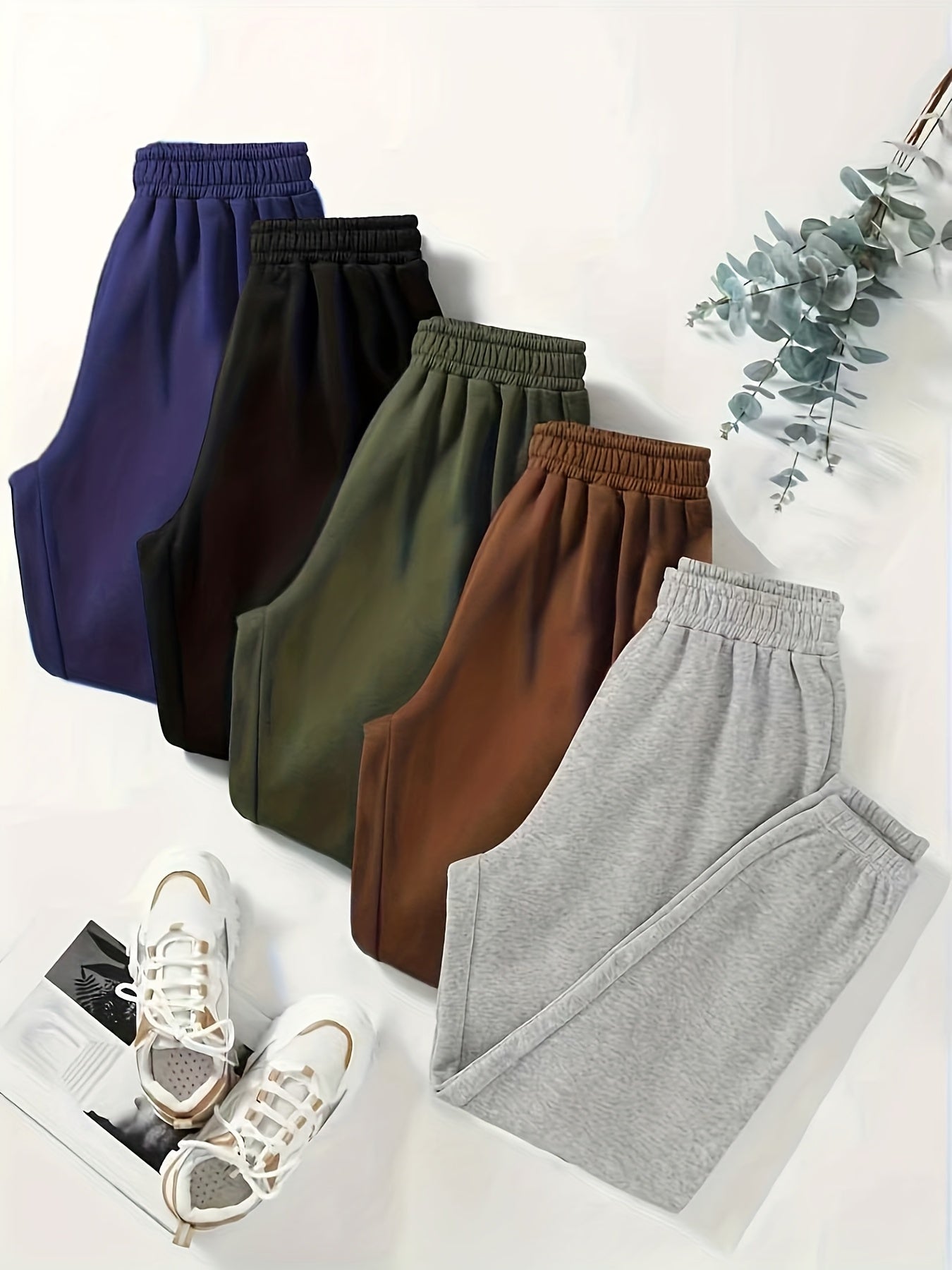 [Thermal Jogger Pants] 5pcs Women's Thermal Jogger Pants With Elastic Waistband - Winter Gym Pants, Solid Color Casual Wear, Machine Washable Suit (5-Streak Set)
