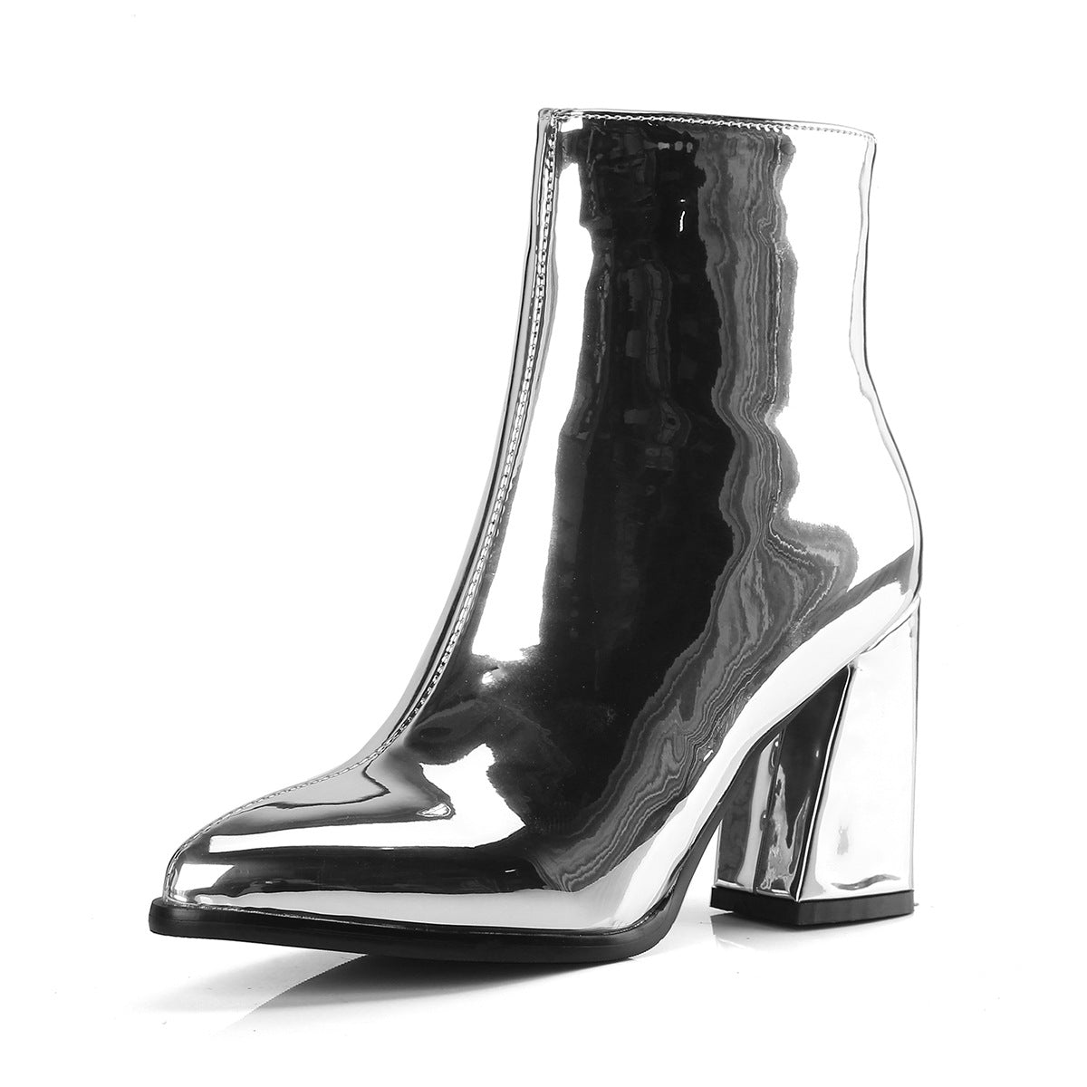 Women'S Genuine Leather Winter Boots with Side Zipper Closure - Pointed Toe Chunky Heel Ankle Boots, European & American Style Glossy Short Boots with Thick Heel & Arch Support, Durable Rubber Sole for Casual & Formal Outfits