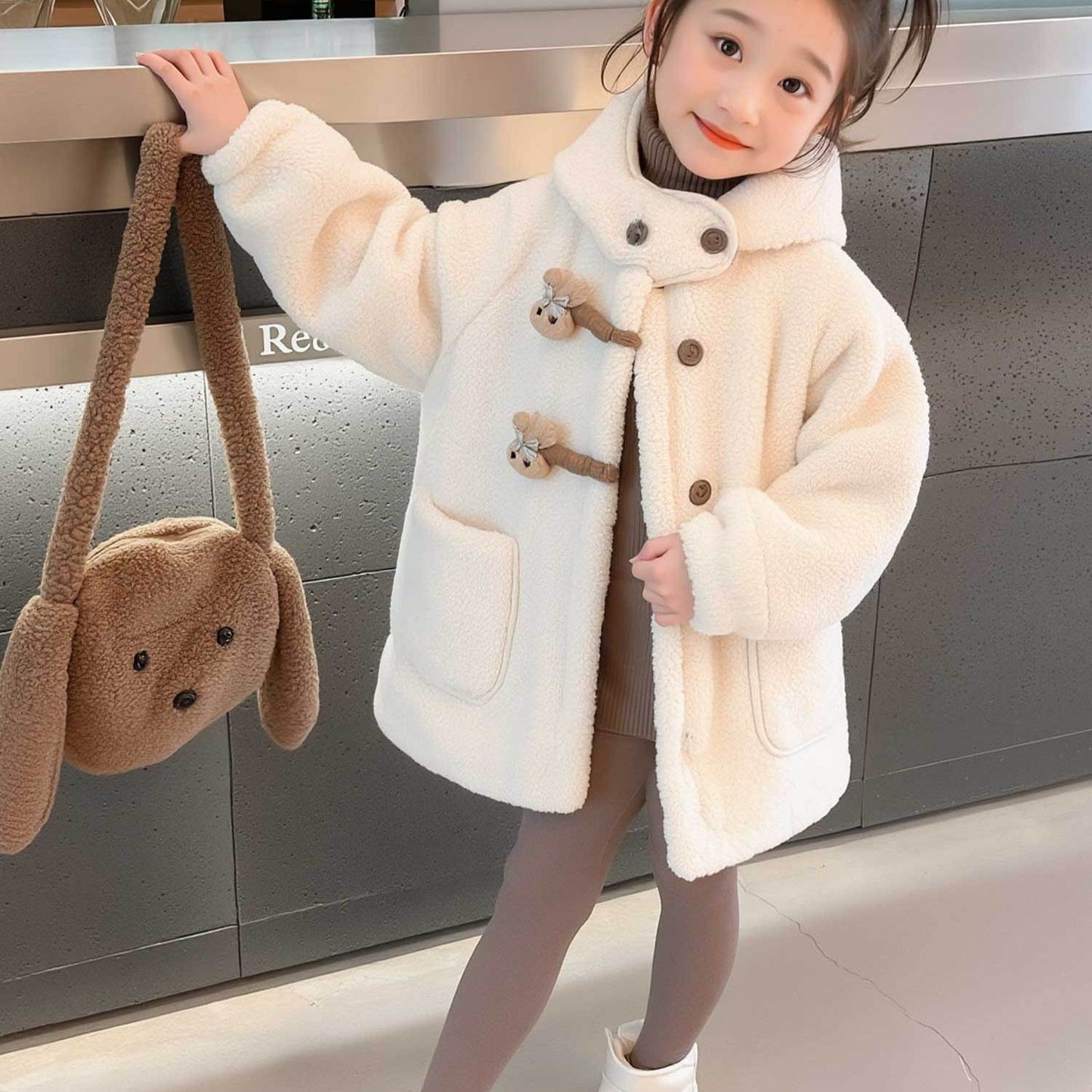 Girls' Luxury Plush Hooded Winter Coat - Thickened Warm Fleece-Like Insulation, Soft Loose-Fit Long Sleeve Jacket with Front Button Closure & Hood, Cozy Casual Outerwear for & Young Girls ( to Early Childhood) - Versatile for