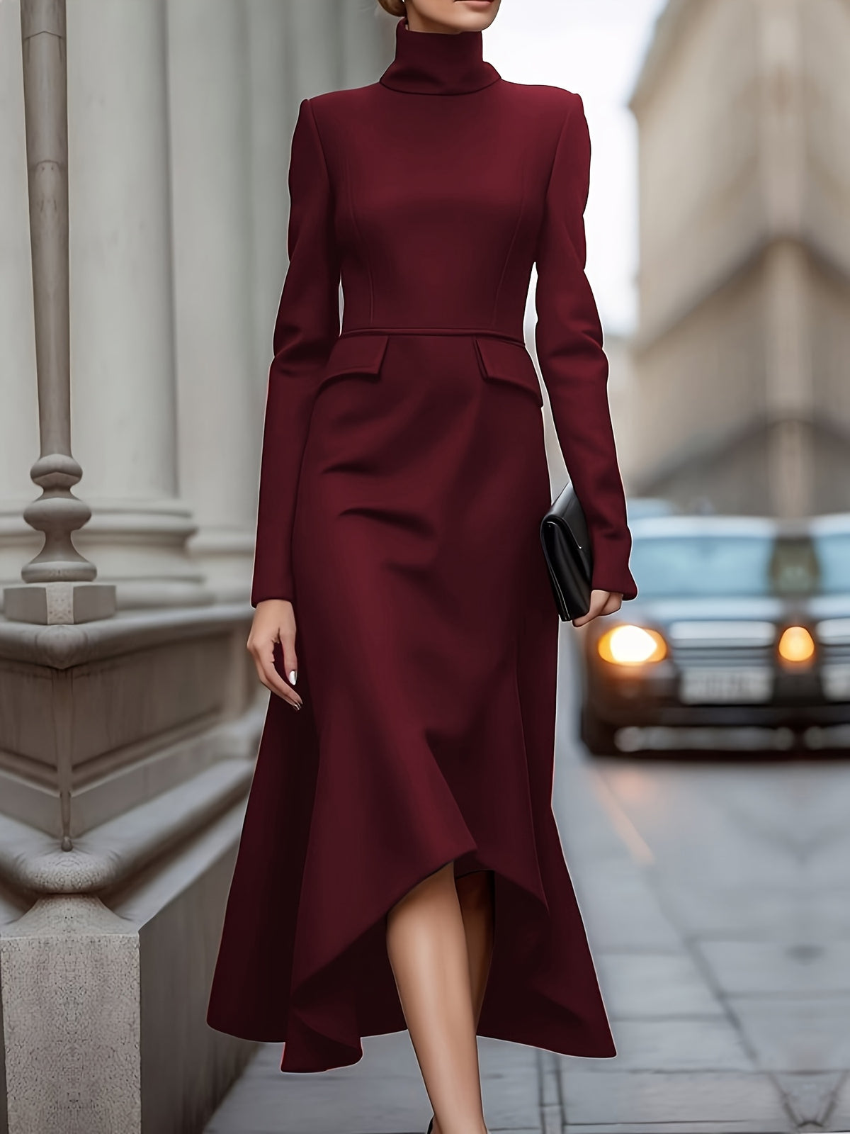 Women's Elegant High Neck Asymmetrical Hem Long Sleeve Maxi Dress - Solid Black Slim Fit Tuxedo-Inspired Office & Formal Attire, Structured A-Line Silhouette, Winter Warmth, S/M/L/XL/2XL Sizes Available, Versatile for Casual