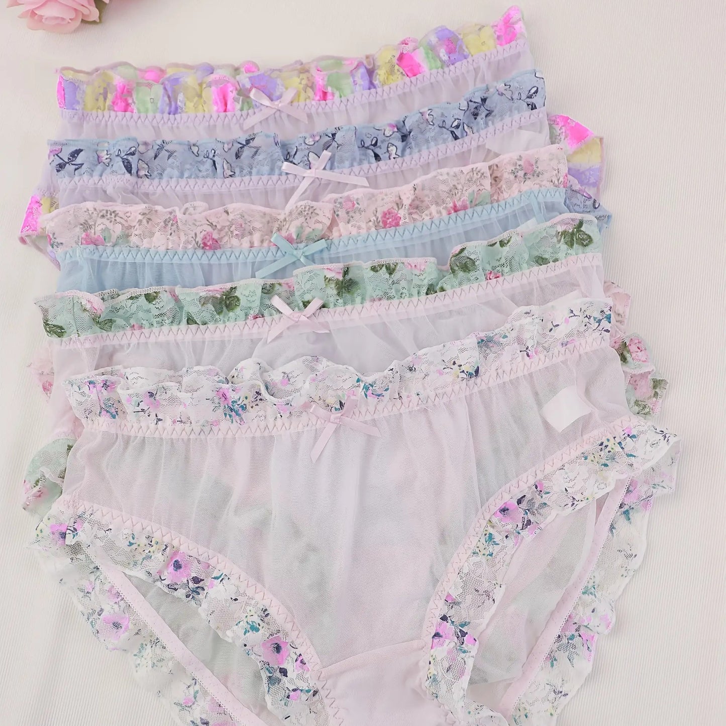 5pcs Set Women's Plus-Size Sheer Mesh Underwear - Sweet & Lace Trim with Ruffled Edges & Bow Accent, Pastel Colors (Pink, Blue, Lavender, Mint, White) - Semi-Transparent Comfortable Everyday Panties, Machine Washable, Multi-C