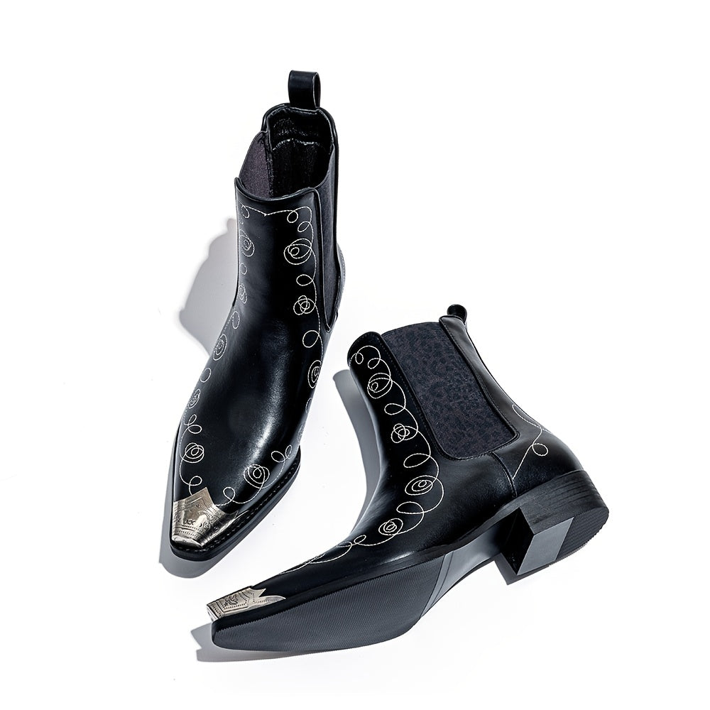 Men'S Fashion Iron-toe Chelsea Boots, Cowboy Boots, Western Boots, Ankle Boots. Low Heel, Faux Leopard Print, Elastic Band. Fashion Street, Party, Wedding, Business.