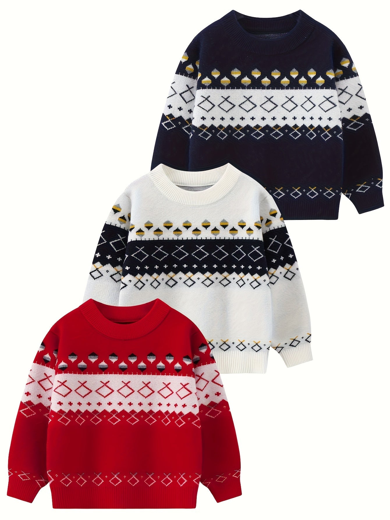 3pcs Boys' Knit Sweaters - Cozy Fall/Winter Pullover with Geometric Pattern, Long Sleeve, Round Neck, Regular Fit, Perfect for Golf & Casual Wear, Sweater Hoodie