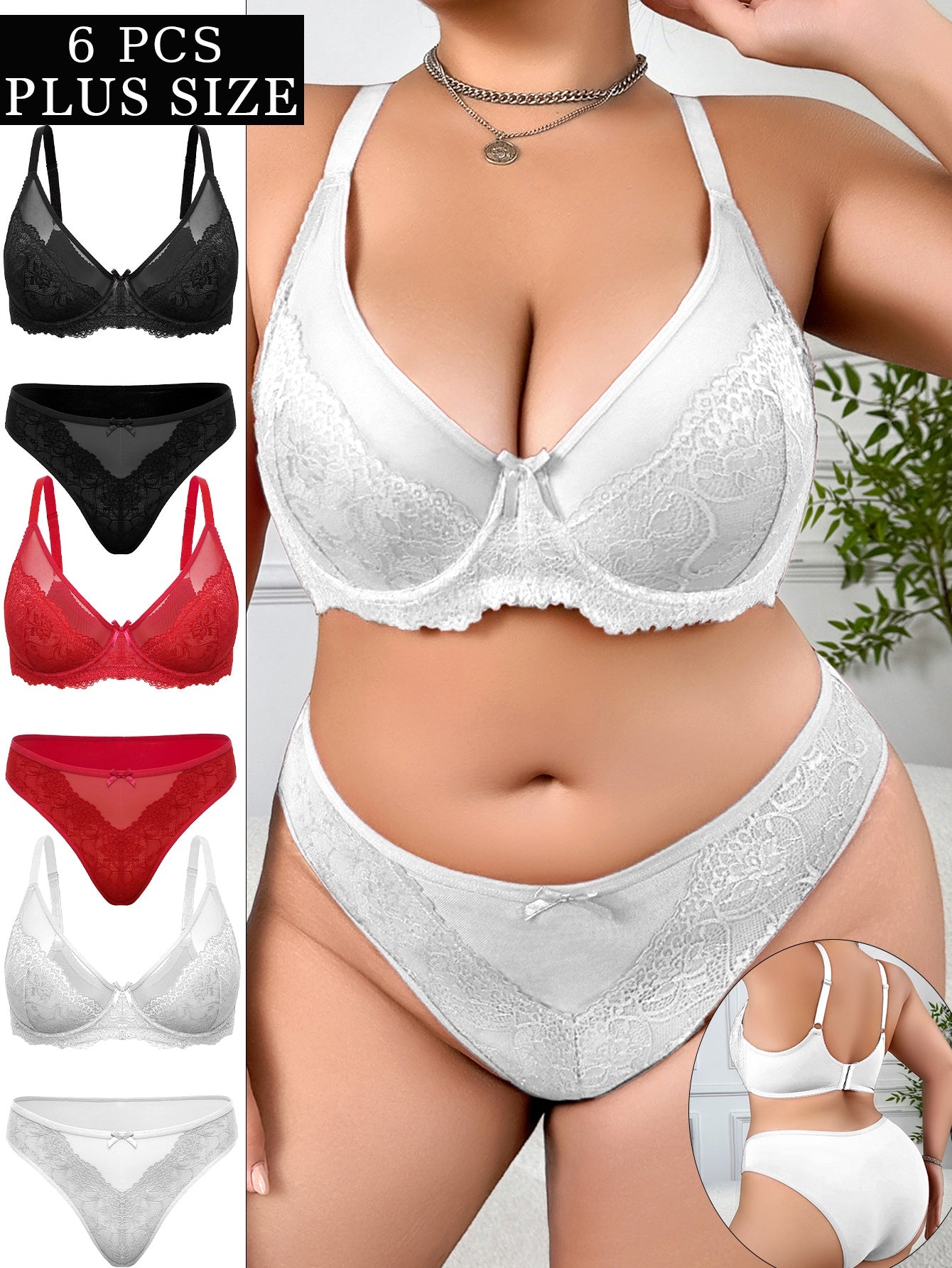 6pcs Women's Plus Size Sexy Lingerie Set, Floral Embroidery Sheer Bra And Mesh Low Waisted Panties, Steel Circle Lift Anti-Sag, Breathable And Comfortable Lace Bra Set with Adjustable Straps And Bow Decoration, Everyday Linge