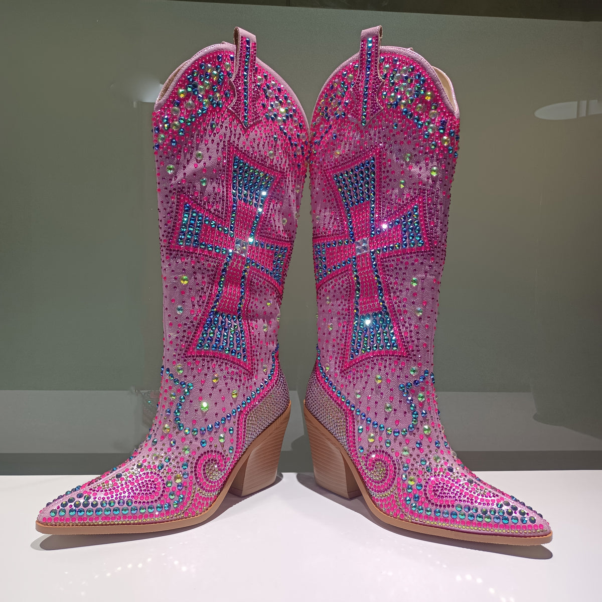 Women'S Western Knee - High Cowboy Boots With Rhinestone Cross | Eye - Catching Bling, Authentic Style | Premium Fabric, Supportive Sole, Soft Cushion | Seasonless For Nightclubs, Parties, Festivals & Shopping Trips