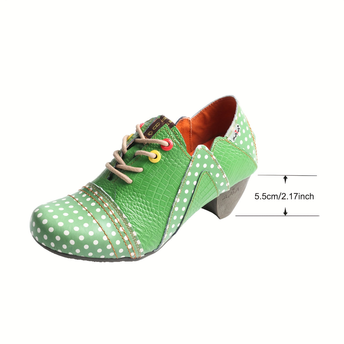 TMA EYES Women's Polka Dot Ankle Boots - Low Heel Lace-Up Anti-Slip Handmade Boots with Colorful Button Accents & Crocodile Texture, Second Layer Cover & TPR Sole, All-Season Versatile Casual to Dressy Footwear, Stylish Stree