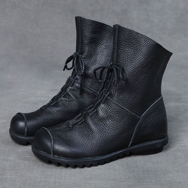 Women'S Genuine Leather Retro Chunky Low-Heeled Ankle Boots with Zipper Closure - Round Toe Winter Warm , Brown & Color Options, Soft & Cushioned Insole, Durable Rubber Sole - Casual to Semi-Formal Boots for Everyday & Specia