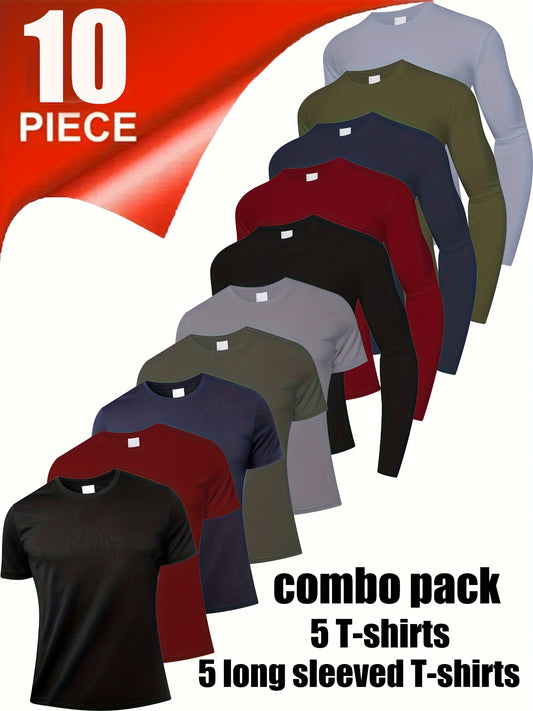 10 Men'S for sports Shirts, for sports Tops, Round Neck T-Shirts, Perfect for Sports And Daily Wear. Fashionable Multi Colored Long Sleeved T-Shirts, Moisture Wicking, Quick Drying, Suitable for Running, Gym, And Daily Fitnes