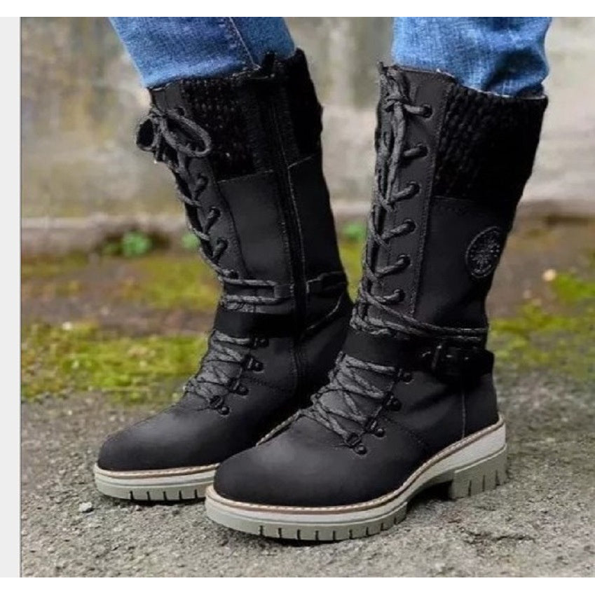 Women'S Winter Lace-Up Mid-Calf Boots with Thick Low Heel - Pointed Toe & Round Heel, Round-Stitched Upper, Zipper Closure, Warm Round Toe & Arch Support - Slip-Resistant Rubber Sole, Tan/Coffee Brown - Versatile for Casual &