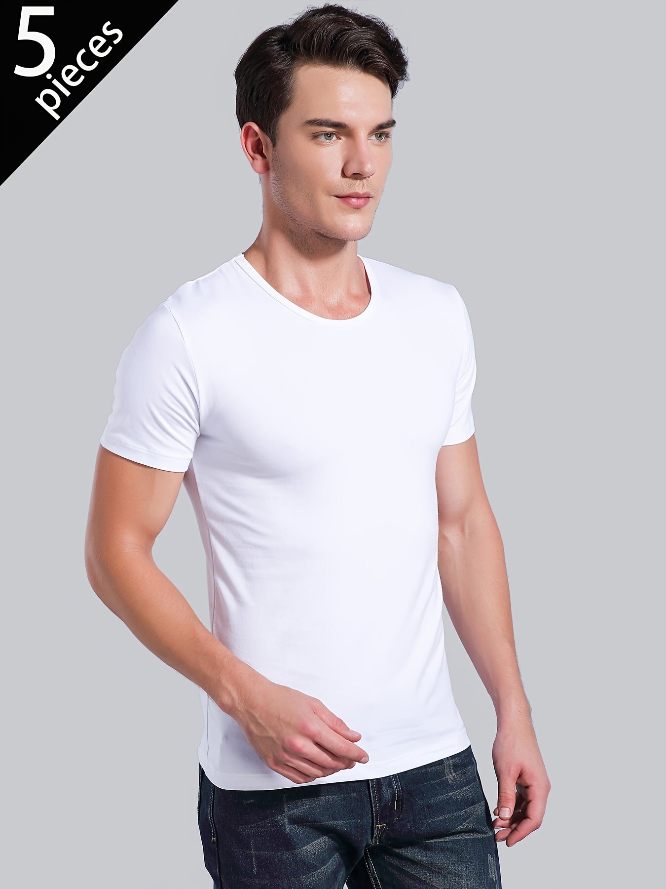 [5pcs Men's White Tees] 5pcs Men's White Solid Color Short-Sleeve T-Shirts - Tight-Fit Breathable Round Neck Gym Basic Tees for Fitness, Underwear & Layering | Year-Round Casual Wear | Bulk Pack for Cost Savings (s/SMen)