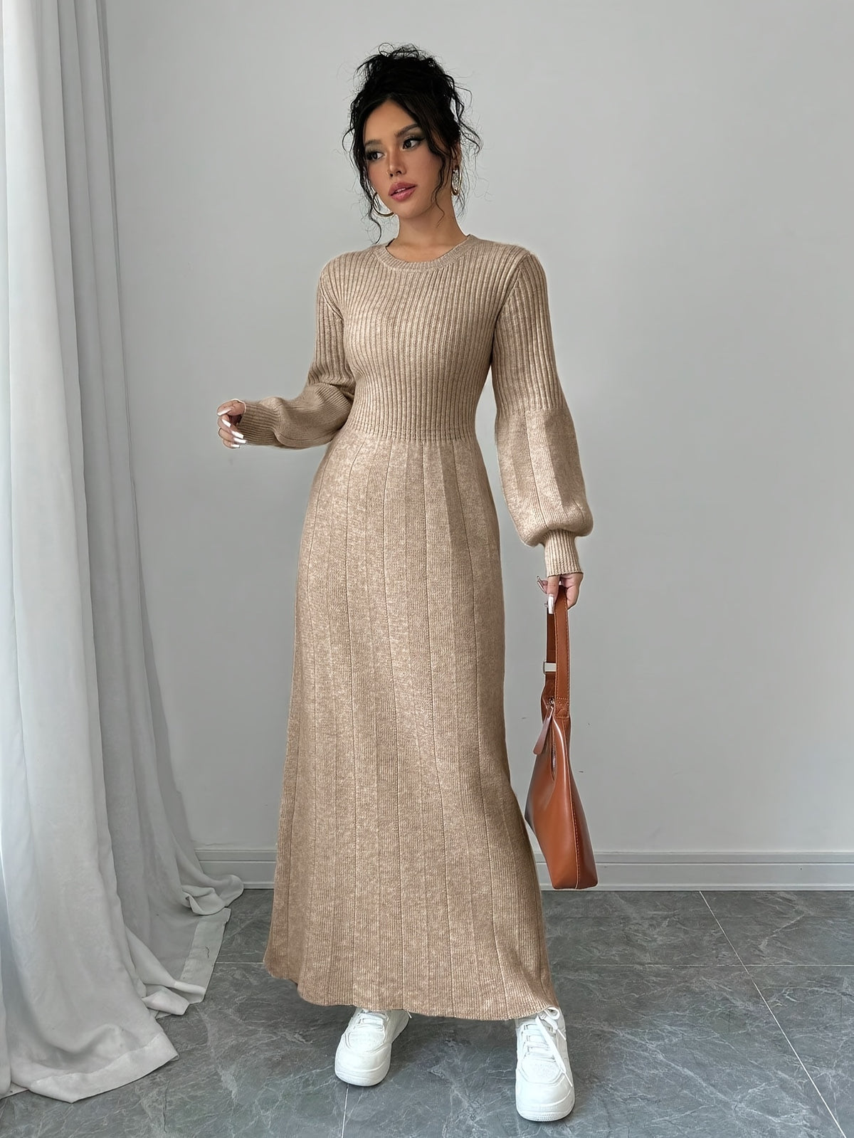 Elegant Beige Sweater Dress with Lantern Sleeves - Long, High Neck, Ribbed Texture, Perfect for Fall & Winter, Stylish Women'S Fashion, Casual Chic Dress | High Neck Dress | Construction, Sweater Dress