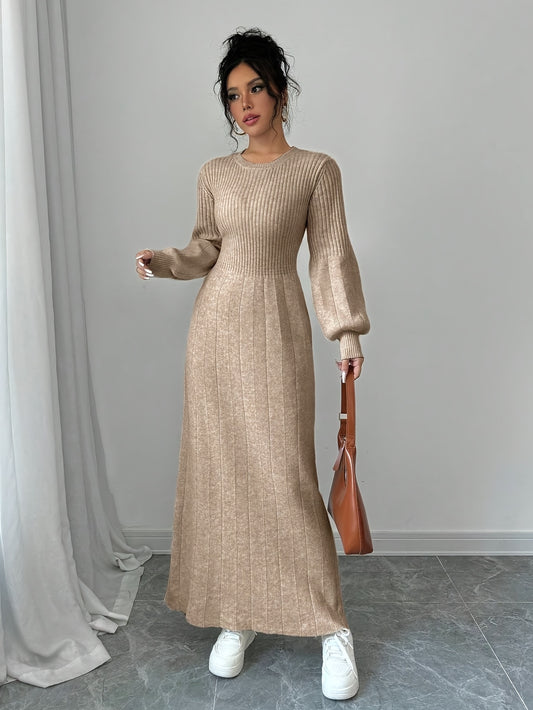 Elegant Beige Sweater Dress with Lantern Sleeves - Long, High Neck, Ribbed Texture, Perfect for Fall & Winter, Stylish Women'S Fashion, Casual Chic Dress | High Neck Dress | Construction, Sweater Dress
