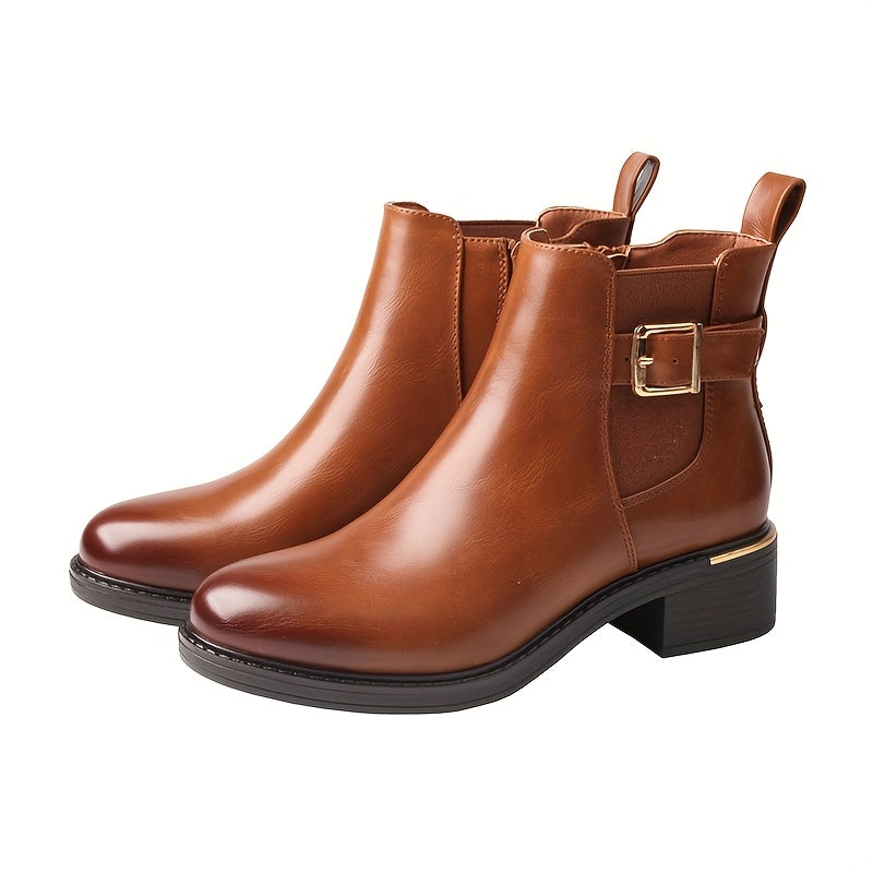 1pr TMA EYES Women's Elegant Ankle Boots - All-Season Low Block Heel with Buckle Side Zipper, Plain Toe, Fabric Upper & Inner, TPR Sole, Casual Dress Booties, Allseason Footwear | Side Zipper Boots | Sleek Texture Finish