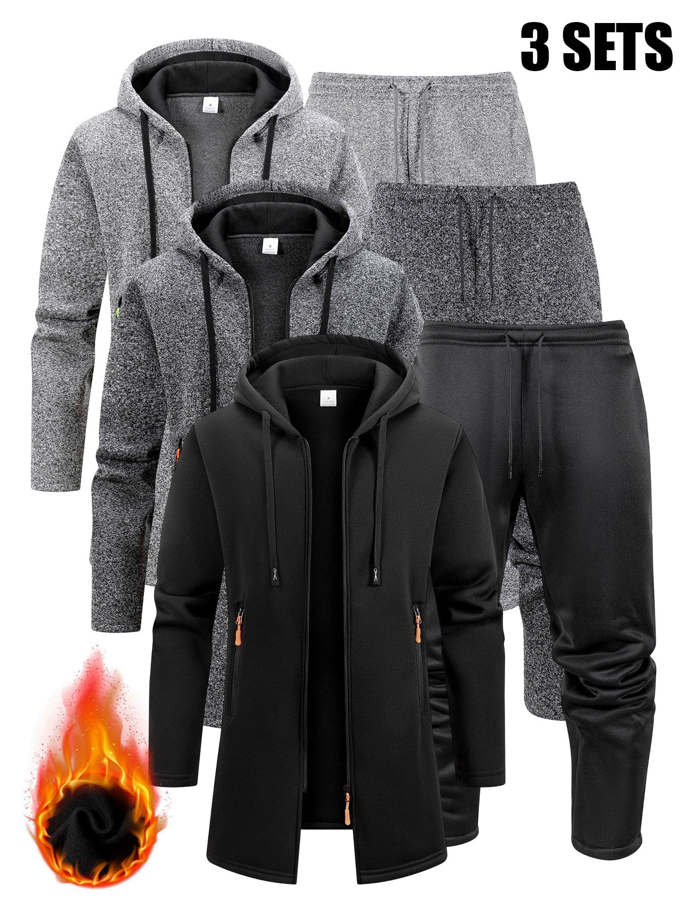 Three Interchangeable Korean-Style Casual Outfits for Men • Trendy Colors That Exude Sophistication • Comfortable And Warm Set Includes a Hooded Fleece Jacket • Drawstring Pants That Have Pockets