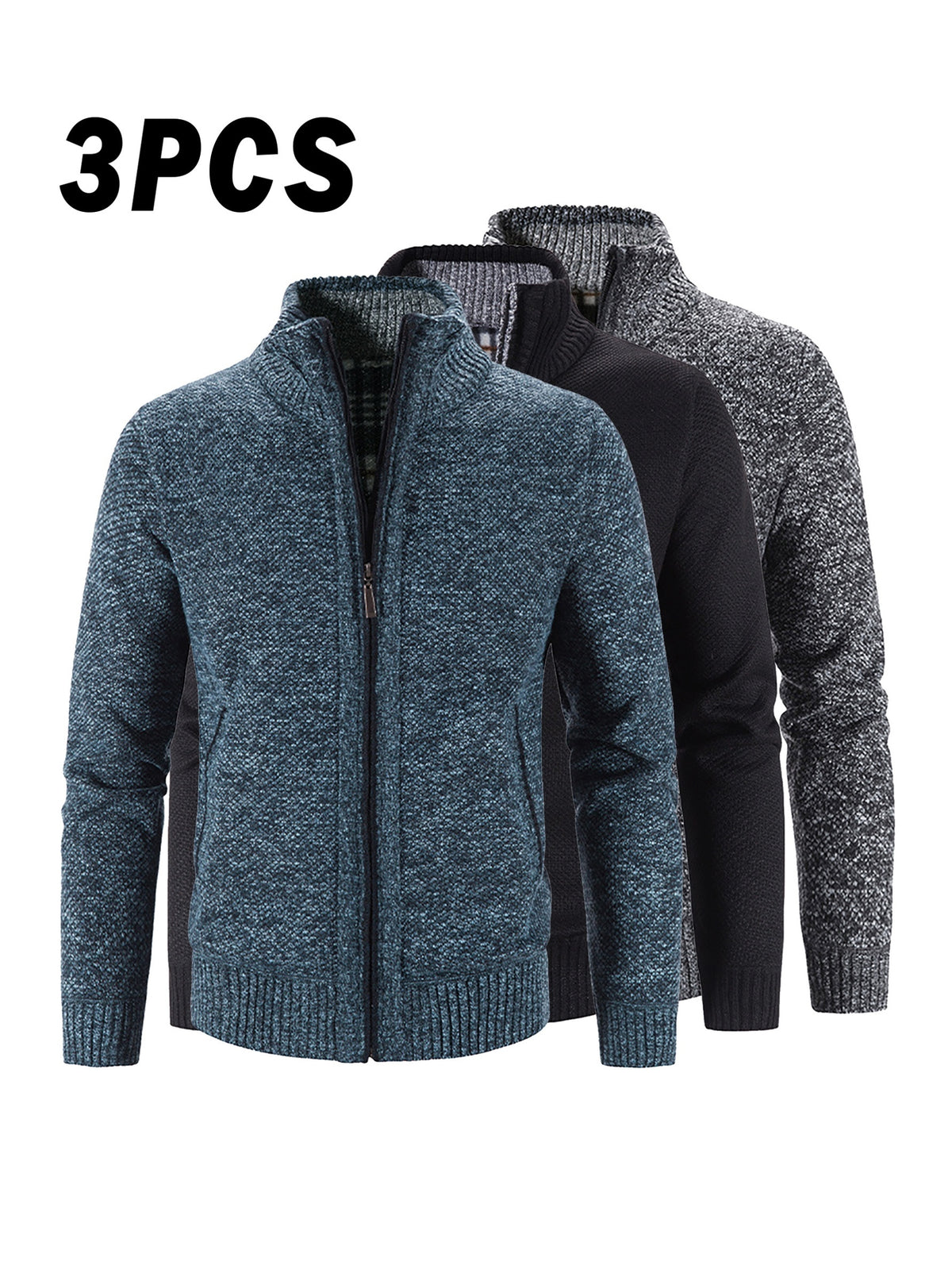 3pcs Set Men'S Fleece-Lined Knit Jacket with Polar Fleece Lining, Golf Collar & Zippered Front - Slim Stand Collar, Warm Winter & Autumn Coat, Casual to Semi-Formal Outerwear in /Dark Grey/Navy - Versatile Layering for Office