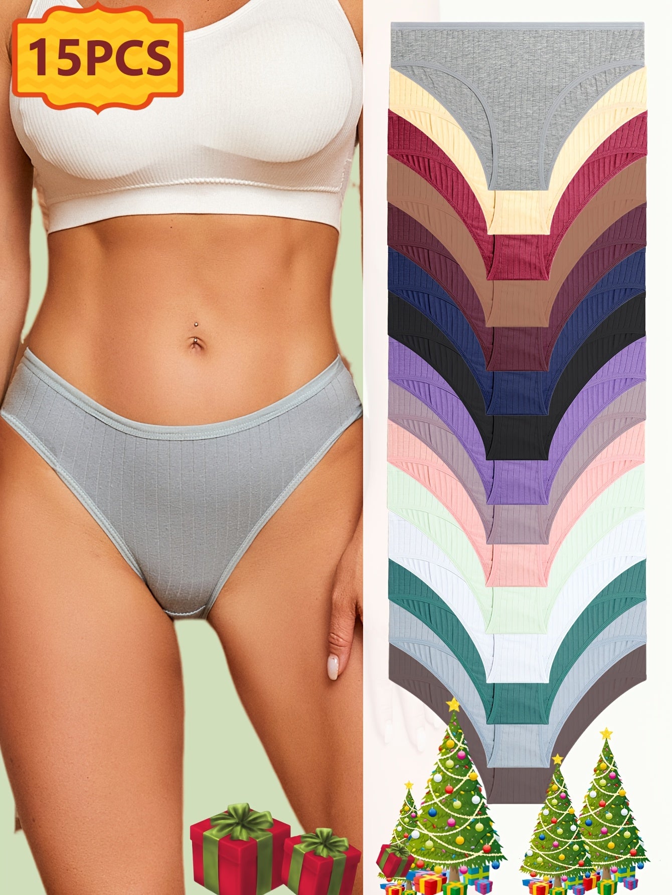 15pcs Women's Underwear, Vertical Striped Solid Color Triangle Pants, Suitable for Daily Commuting, Women's Underwear And Panties