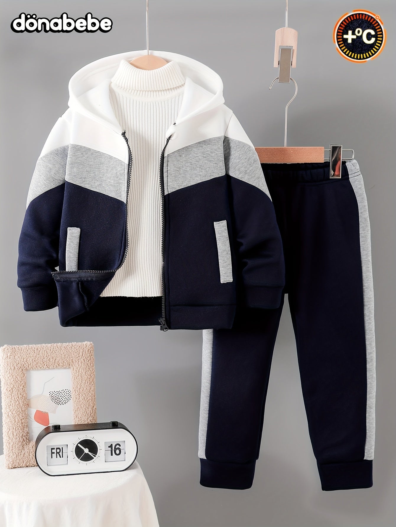 DONABEBE Boys' 2pcs Winter Thermal Full-Zip Hooded Jacket & Full-Zip Pants Set - Heavy-Duty Warm Outerwear, Full-Length Zipper Closure, White/Gray/Navy Blue Color-Block, Thickened Outer Jacket with Fleece Lining, Casual & For