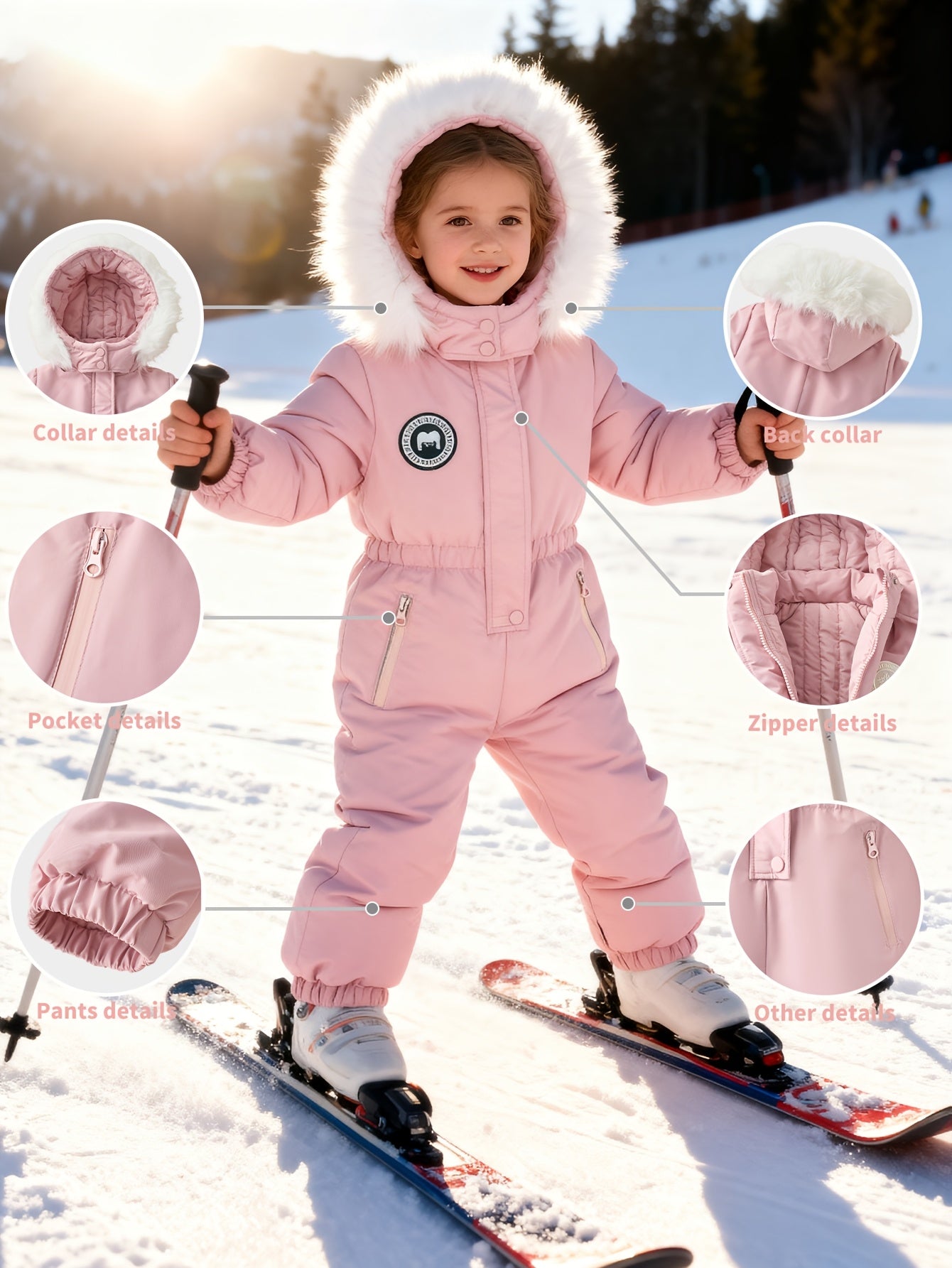 [Pink Hooded Ski Suit] Pink Hooded Ski Suit for Girls 9M-8Y | One-Piece Winter Warm Zip Pockets