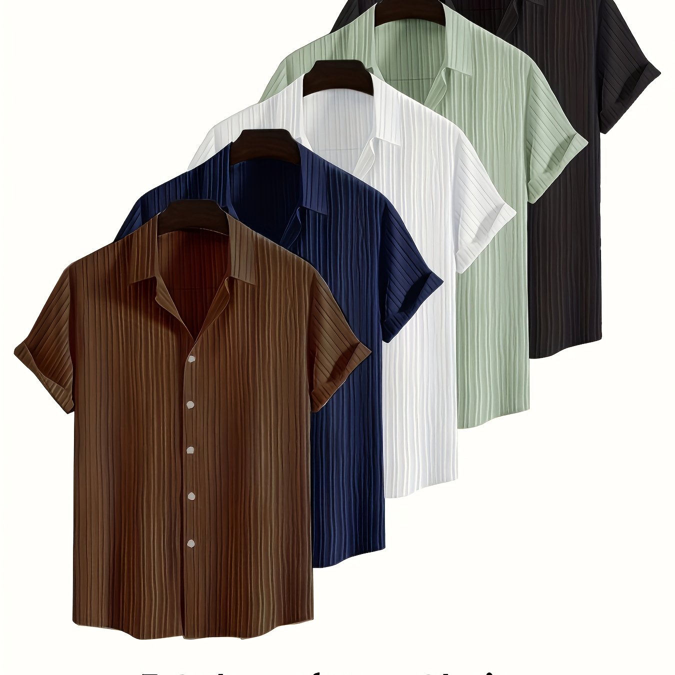 [5pcs Men's casual set] 5pcs Men's casual set | slightly elastic, solid color button up shirt