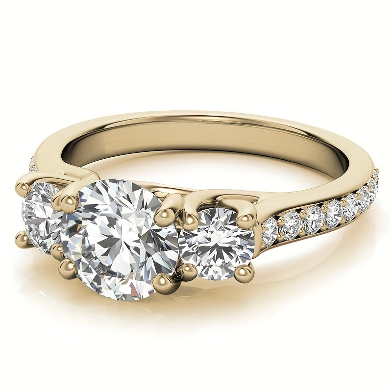1pc Elegant 3-Stone Moissanite Engagement Ring for Women, 14K Golden Plated 925 Silver, Round Synthetic Stones, 4-Prong Setting, Ideal for Wedding & Valentine'S Day Gift