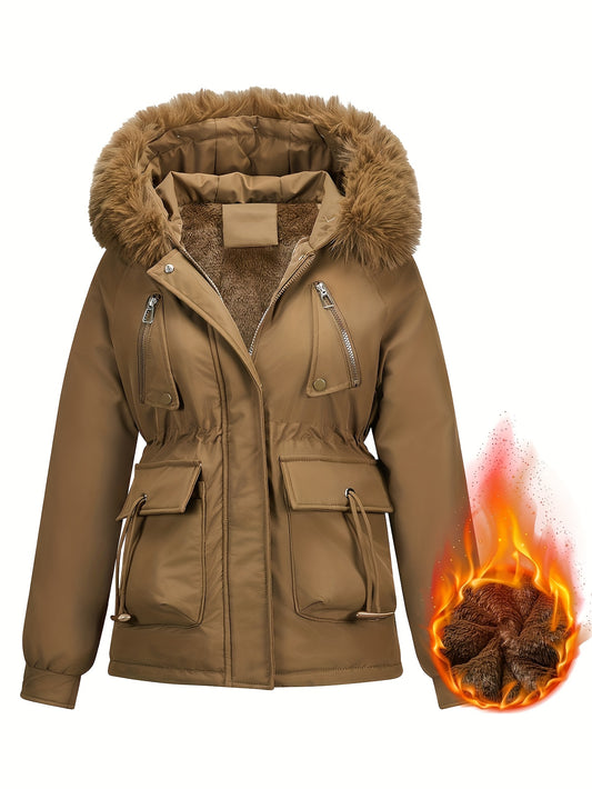 Women'S Winter Hooded Trench Coat Jacket with Detachable Faux Fur Hood - Warm Full-Zip Front, Belted Waist & Winter Pockets, Casual Outdoor Raincoat, Regular Fit Long Sleeve Coat for Cold Weather, Durable Non-Stretch Fabric (