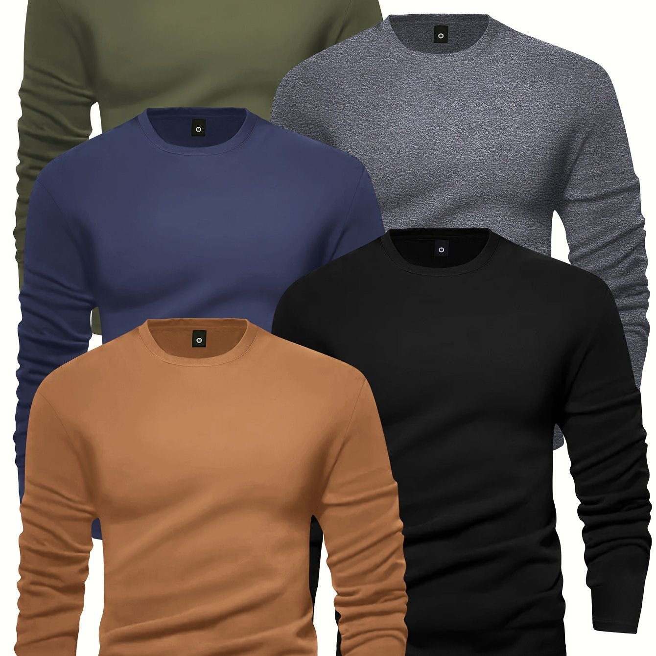 [5pcs Men's T-Shirts] 5pcs Men's Long Sleeve Round Neck T-Shirts - Solid Color Base Layer Layering Shirts, Casual & Athletic Wear, Durable Machine-Washable Tops for Jogging, Gym, Everyday Use - Bulk Pack Value (5)