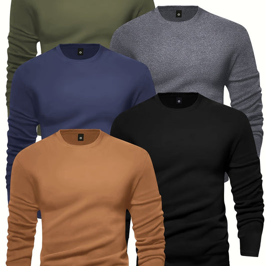 [5pcs Men's T-Shirts] 5pcs Men's Long Sleeve Round Neck T-Shirts - Solid Color Base Layer Layering Shirts, Casual & Athletic Wear, Durable Machine-Washable Tops for Jogging, Gym, Everyday Use - Bulk Pack Value (5)