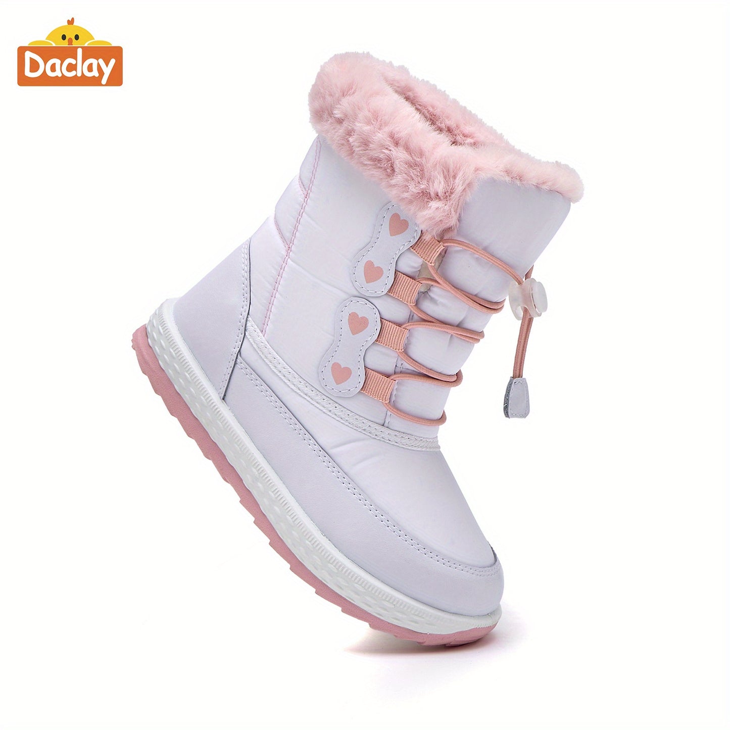 DACLAY Youngsters' Fleece-Lined Winter Boots - Slip-On Mid-Calf Snow Boots with Heart Patterns, Soft Fabric & Synthetic Synthetic, All-Season Casual Outdoor Shoes for Boys & Girls, Pink & White Design, Youngsters Winter Boots