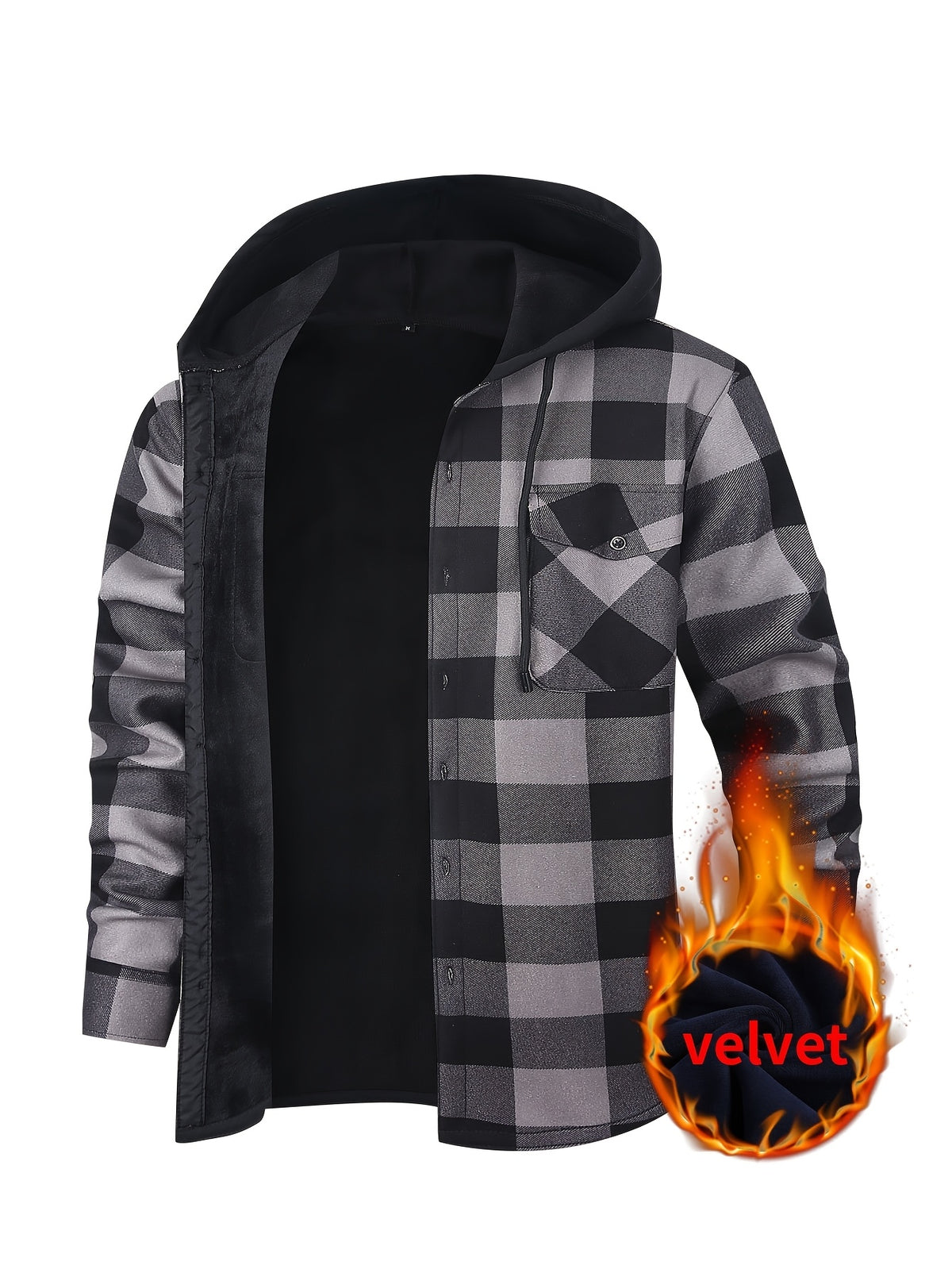 Men's Winter Plush-Themed Hooded Shirt Jacket - Thickened Button-Front Outdoor Coat with Pockets, Loose Fit Casual Blazer (Hand Washable, Fall/Winter) | European/Emerican Sizing for Cold Weather Layering